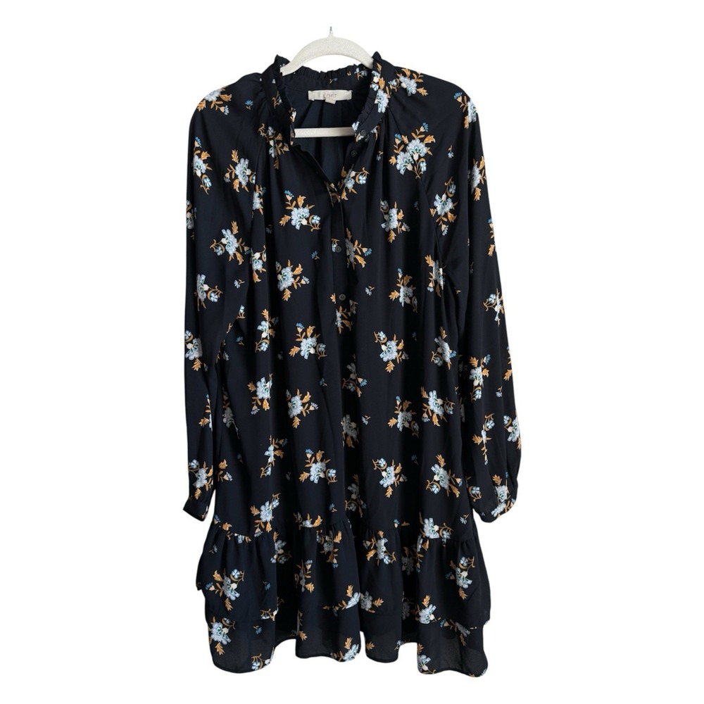 LOFT Floral Ruffle Blouse Black Blue Mustard Boho Romantic Cottagecore Tunic L